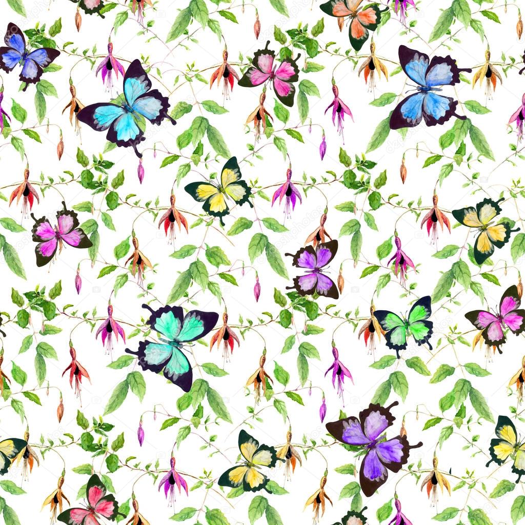 Exotic fuchsia flowers and bright tropical birds. Seamless floral pattern.