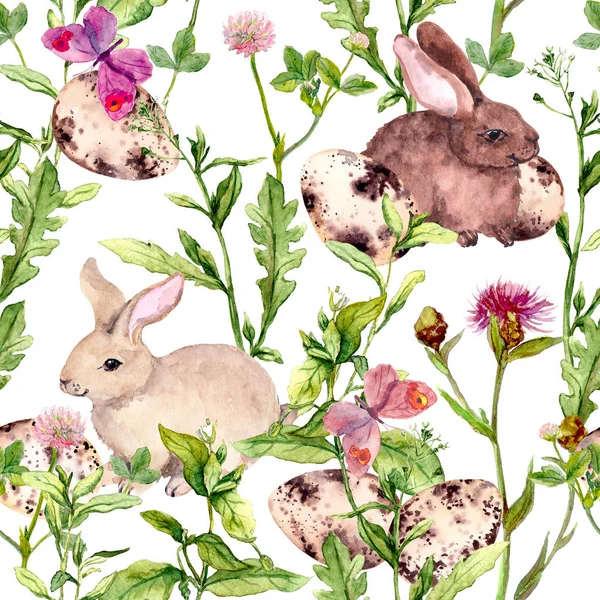 复活节兔子把鸡蛋放在鲜花和绿草。无缝复活节花纹。水彩 — 图库照片