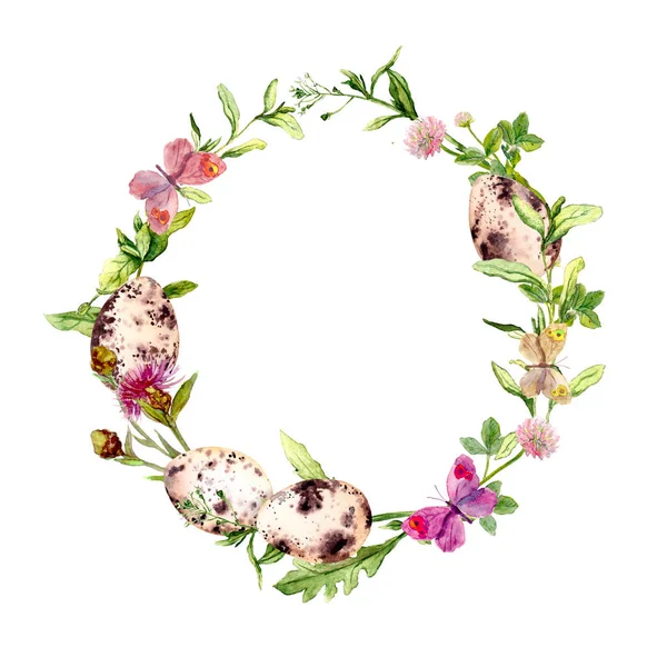 Corona de Pascua con huevos en hierba, flores. Marco redondo. Acuarela — Foto de Stock