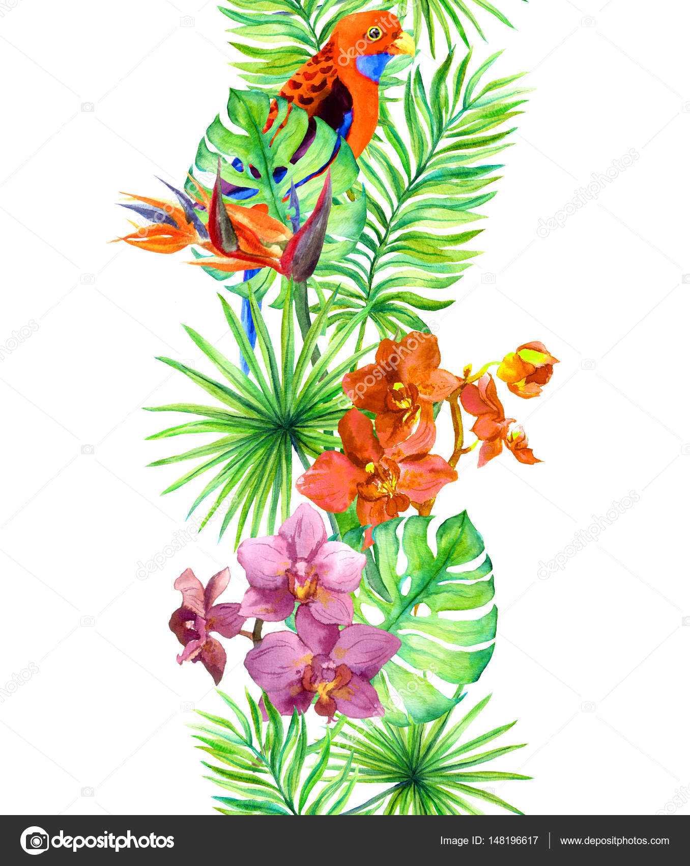 Tropical leaves uccello pappagallo esotico fiori di orchidea Ripetendo il confine Cornice