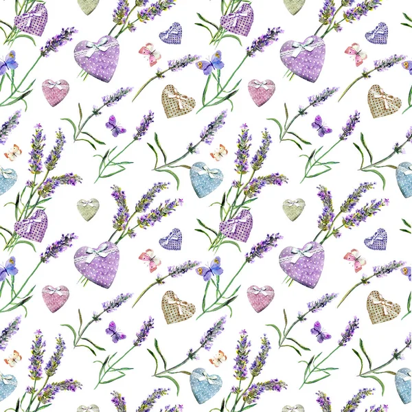 Lavender flowers, hearts, butterflies. Seamless pattern. Watercolor — Stock Photo, Image