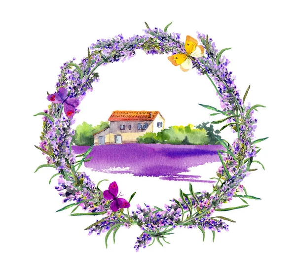 Landelijke boerderij - Provençaalse huis, lavendel bloemen field. Aquarel — Stockfoto