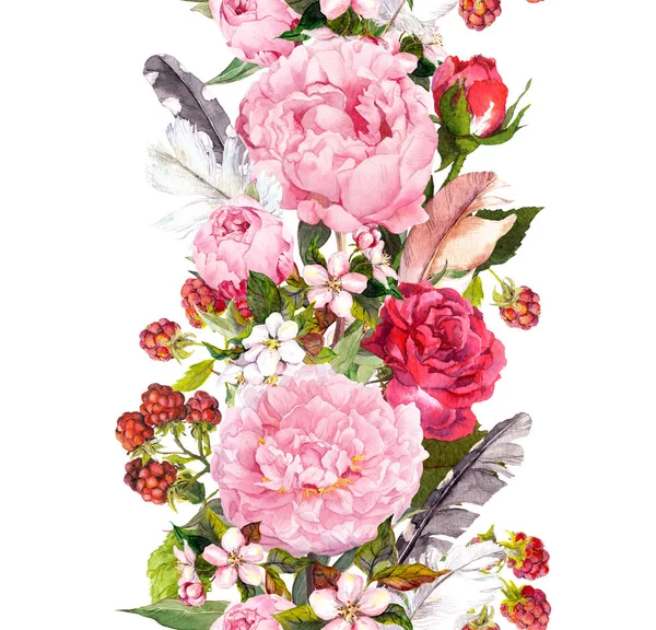 Bordo floreale con fiori, rose, piume. Striscia ripetuta vintage. Acquerello — Foto Stock