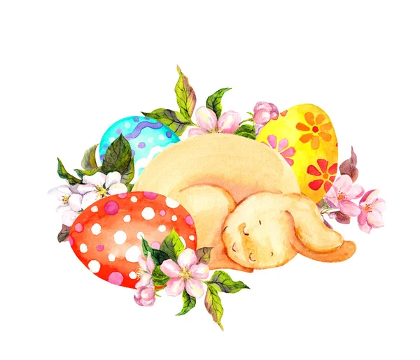 Χαριτωμένο λαγουδάκι του Πάσχα με χρωματιστά αυγά, λουλούδια. Ακουαρέλα — Φωτογραφία Αρχείου