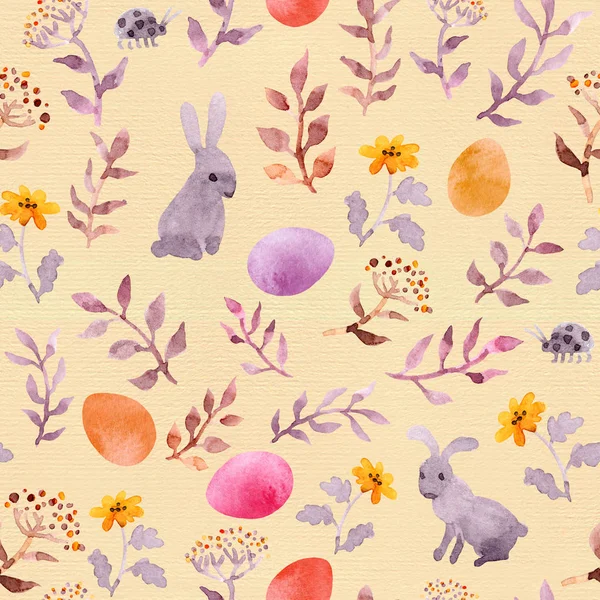 Easter bunny, colored eggs in grass and flowers. Seamless floral easter pattern. Watercolor — Stock Photo, Image