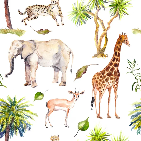Palmy i zwierzęta sawanny - słoń, gepard, żyrafa, antylopy. Wzór zoo. Akwarela — Zdjęcie stockowe