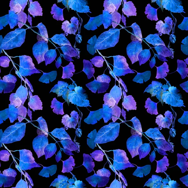 Neon glimmende bladeren. Nacht mysterieuze naadloze patroon. Aquarel — Stockfoto