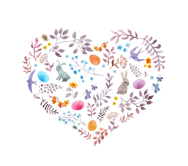 Cute easter heart with rabbits, eggs, vintage flowers, birds. Watercolor — Stock Photo, Image