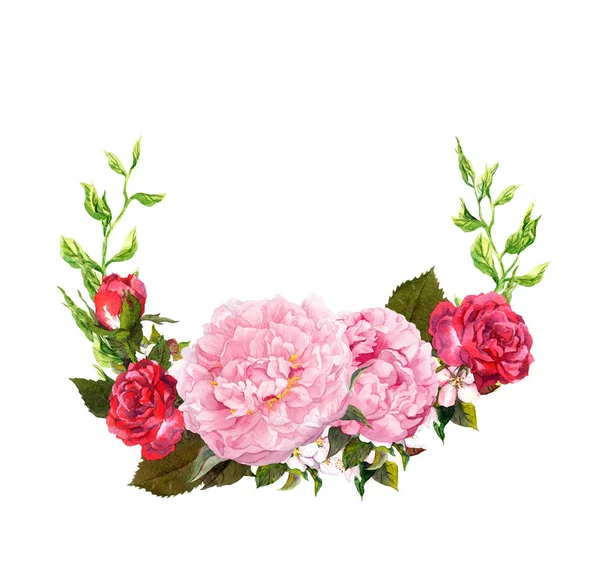 Corona floral con flores de peonía rosa, rosas rojas. Guarda la tarjeta de fecha para la boda. Acuarela —  Fotos de Stock