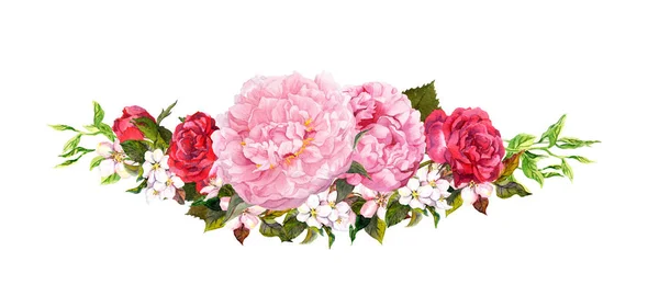 ピンクの牡丹の花、バラ、白いリンゴや桜の花。ビンテージ スタイルの水彩画 — ストック写真