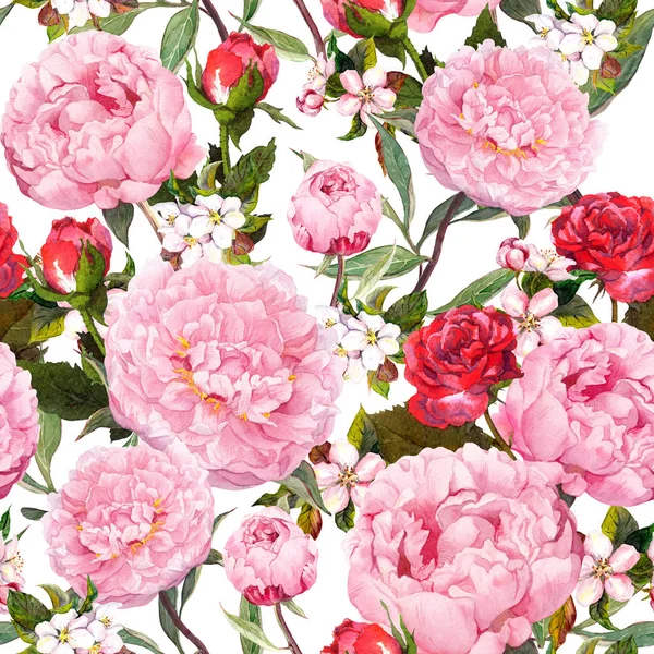 Fiori di peonia, rose rosse e sakura. Sfondo floreale senza cuciture. Acquerello — Foto Stock