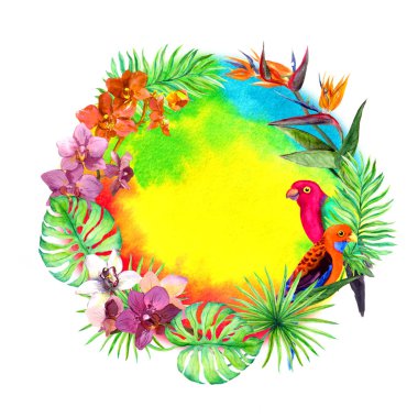 Tropikal, egzotik kuşlar, orkide çiçek bırakır. Çelenk çerçeve kartı. Yaz suluboya