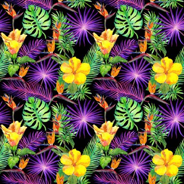 Tropikal yaprak, egzotik çiçekler. Dikişsiz desen siyah arka plan üzerine. Suluboya