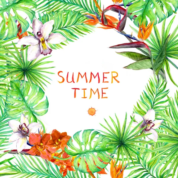 열 대 숲 잎과 이국적인 꽃-야생 난초 꽃. 열 대 카드, 포스터 디자인입니다. 수채화 — 스톡 사진