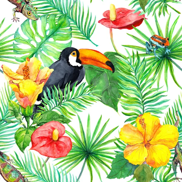 Toucan, geco, foglie tropicali, fiori esotici. Motivo giungla senza soluzione di continuità. Acquerello — Foto Stock