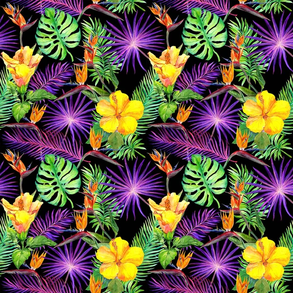 Τροπικά φύλλα, εξωτικά λουλούδια. Απρόσκοπτη μοτίβο σε μαύρο φόντο. Ακουαρέλα — Φωτογραφία Αρχείου