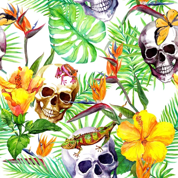 Ανθρώπινα κρανία, τροπικά φύλλα, ζώα της ζούγκλας, εξωτικά λουλούδια. Επαναλαμβανόμενο μοτίβο. Ακουαρέλα — Φωτογραφία Αρχείου