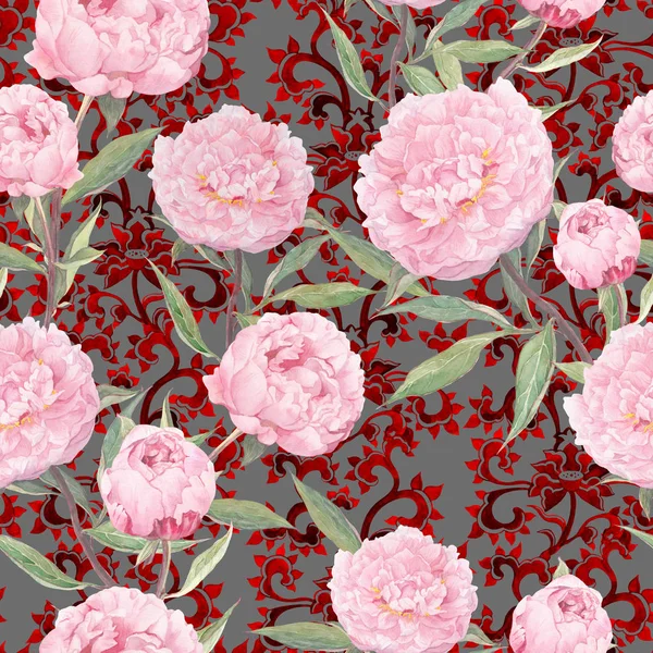 Pink peony flowers. Seamless floral pattern, ornate eastern decor. Watercolor