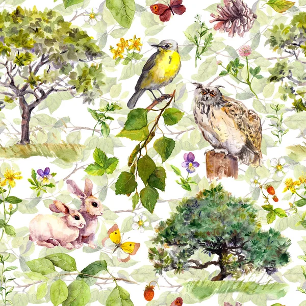 Natur: Vogel, Hase, Baum, Blätter, Blumen, Gras. nahtloses Muster. Aquarell — Stockfoto