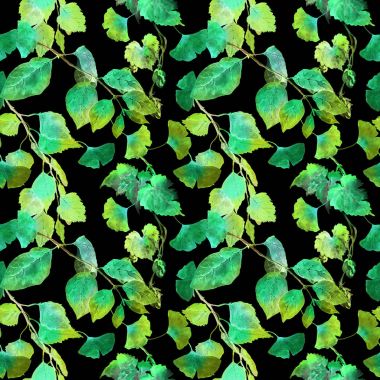 Yeşil gece ormanda bırakır. Seamless modeli, siyah arka plan. Suluboya