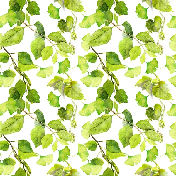 Πράσινα φύλλα. Επαναλαμβανόμενο μοτίβο. Ακουαρέλα — Φωτογραφία Αρχείου