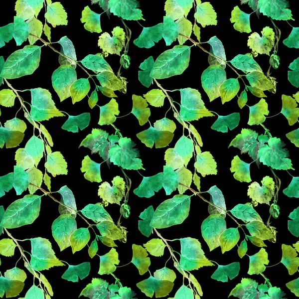 Green leaves in night forest. Seamless pattern, black background. Watercolor — Stock Photo, Image