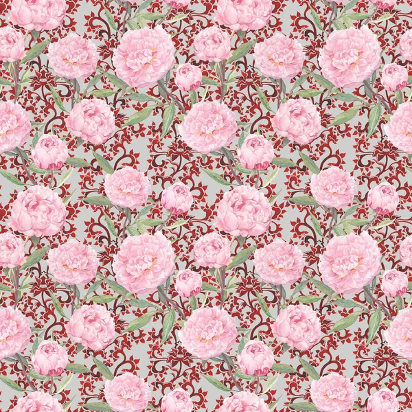 Pink peony flowers. Floral repeating wallpaper, decorative ornament. Watercolor