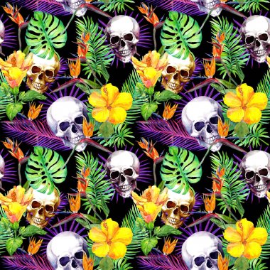 İnsan kafatasları, tropikal yaprak, egzotik çiçekler. Yinelenen desen, siyah arka plan. Suluboya