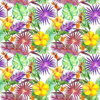 Tropikal yaprak, egzotik çiçekler. Sorunsuz orman desen. Suluboya