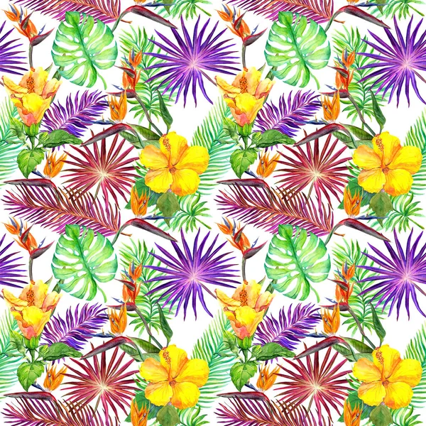 Tropiska löv, exotiska blommor. Sömlös djungel mönster. Akvarell — Stockfoto