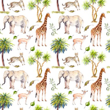 Vahşi hayvanlar - zürafa, fil, çita, antilop. Savannah palmiye ağaçları ile. Yinelenen arka plan. Suluboya