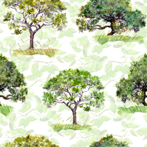 Árboles verdes. Parque, patrón forestal. Fondo sin costuras con hojas. Acuarela —  Fotos de Stock