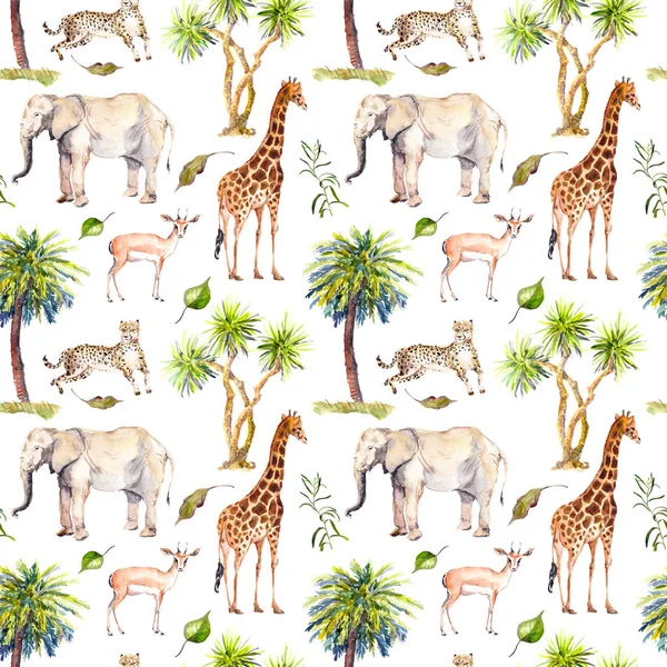 Дикі тварини - жирафа, Слон, Гепард, антилопи. Саванна з пальмами. Повторення фону. Акварель — стокове фото