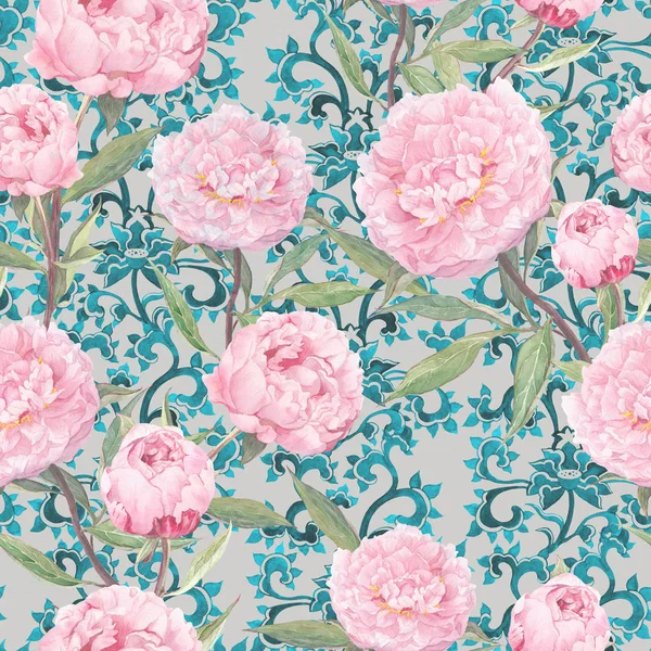 Flores de peonía rosa. Vintage floral repetición de patrón asiático, decoración ornamental oriental. Acuarela —  Fotos de Stock