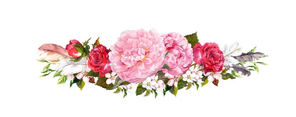 Fleurs pivoines roses, roses et plumes. Aquarelle dans un style vintage — Photo