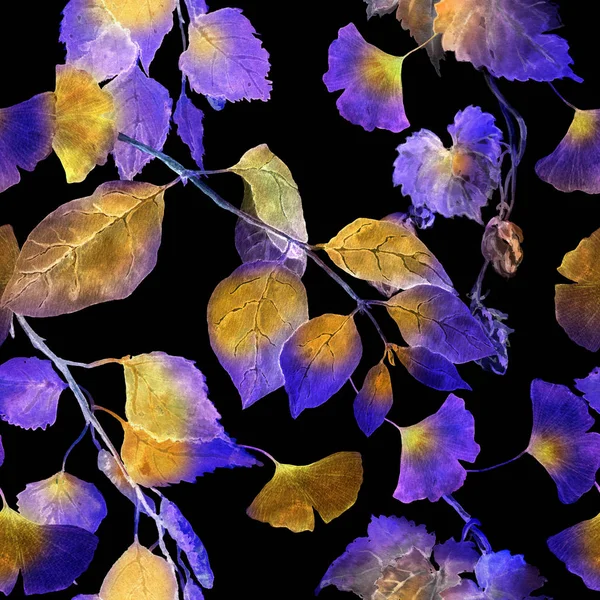 Neon glowing leaves. Night mysterious seamless pattern. Watercolor — Stock Photo, Image