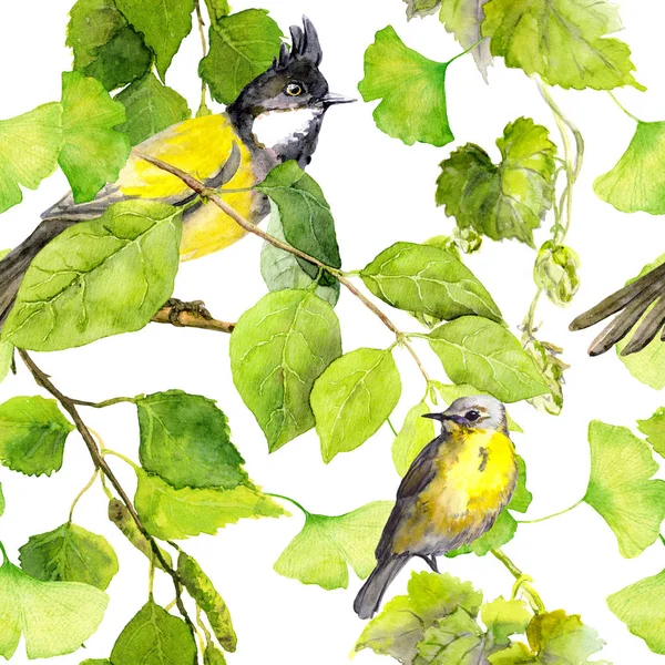 Zielone liście, ptaki. Jednolity wzór. Akwarela — Zdjęcie stockowe