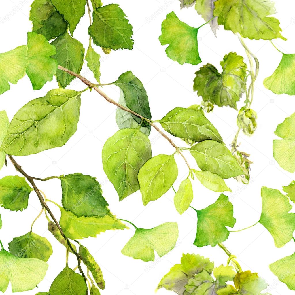 Green leaves. Seamless background pattern. Watercolor