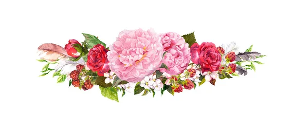 ピンクの牡丹の花、バラと羽。ビンテージ スタイルの水彩画 — ストック写真