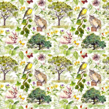Çevre: kuş, tavşan, ağaç, yaprak, çiçek ve çim. Yinelenen desen. Suluboya