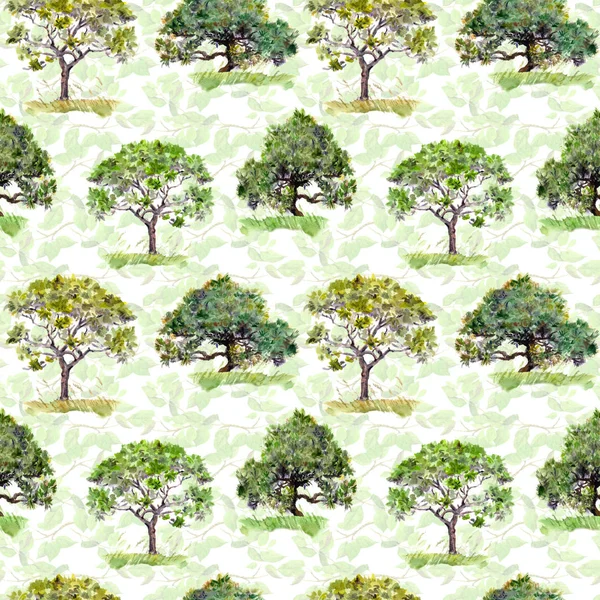 Green trees. Park, forest repeating pattern. Background with green leaves. Watercolor — Stock Photo, Image