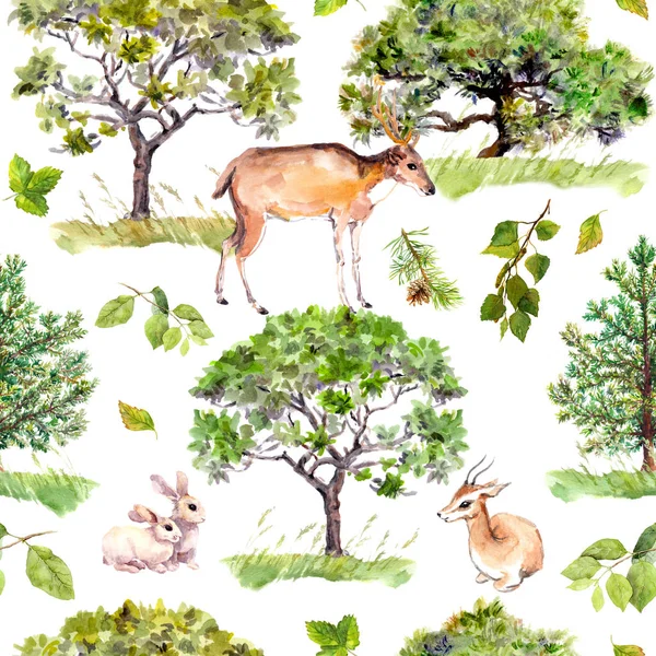 Zöld fák. Park erdő erdő állatok - mintával antilop, szarvas, nyúl. Varrat nélküli ismétlődő háttér. Akvarell — Stock Fotó