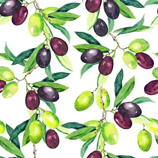 Azeitonas ramos de oliveira. Padrão sem costura. Aquarela — Fotografia de Stock
