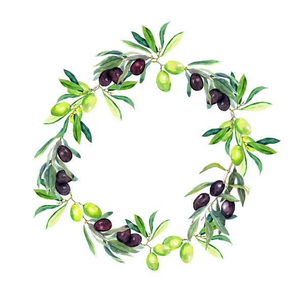 Olives branches of olive tree. Round wreath. Watercolor — Stock Photo, Image