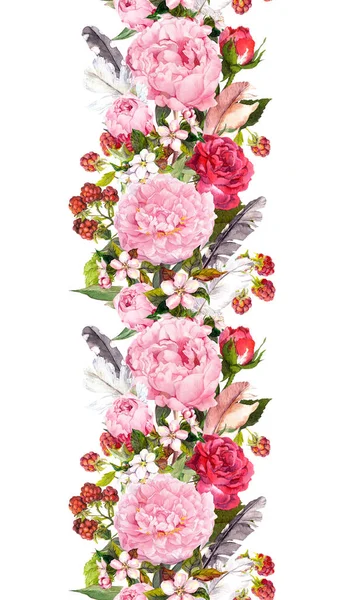 Bordure florale avec fleurs, roses, plumes. Bande répétée vintage. Aquarelle — Photo