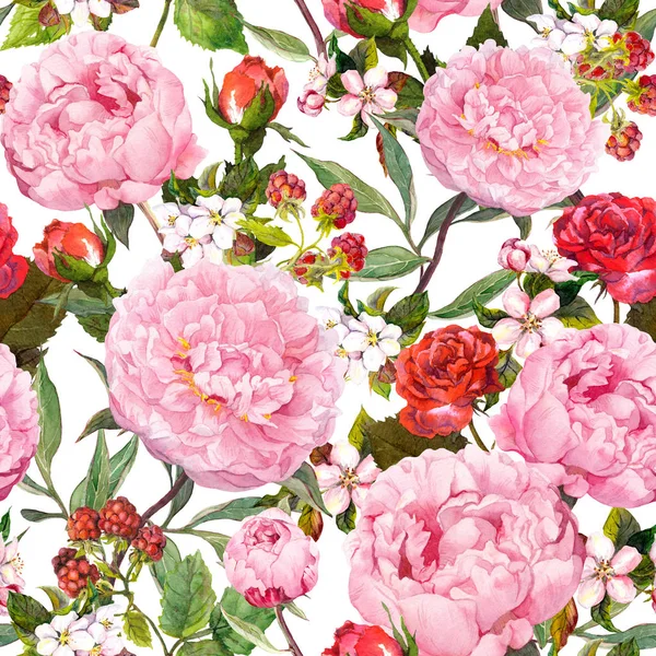 Квіти півонії, червоні троянди, сакура. Безшовний квітковий фон. Акварель — стокове фото