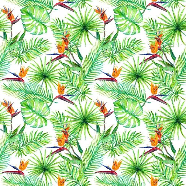 热带叶片，珍奇的鸟花。重复模式。水彩 — 图库照片