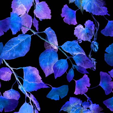 Neon parlak yaprakları. Gece gizemli seamless modeli. Suluboya