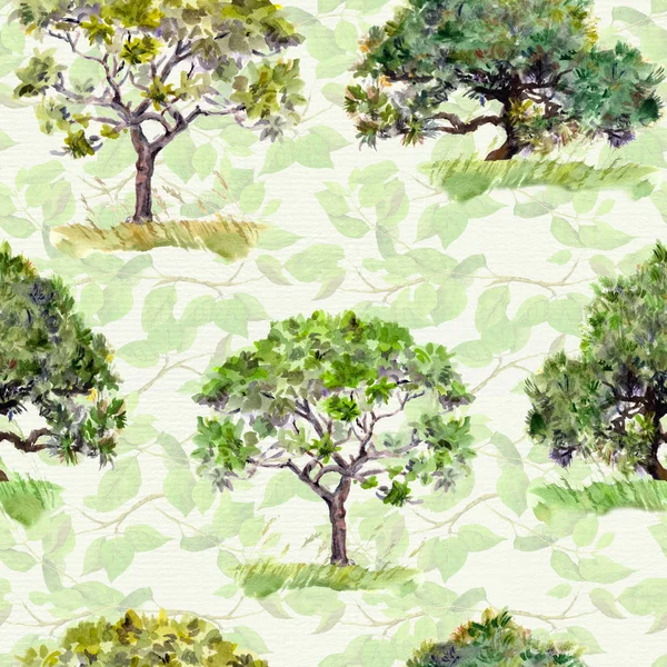 Green trees. Park, forest pattern. Seamless background with leaves. Watercolour