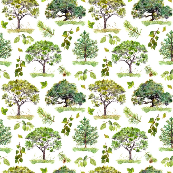 Groene bossen. Park, bos patroon met bomen. Naadloze patroon. Aquarel — Stockfoto